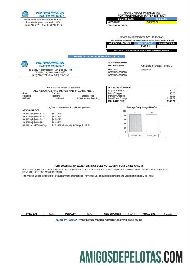 imprimível Modelo de conta de serviços públicos do distrito aquático de Washington, Porto de Nova York, EUA, em formato Word e PDF